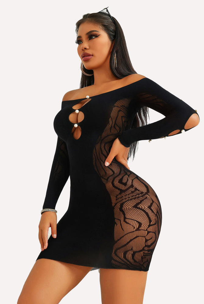Black fishnet bodycon mini dress with pearl accents, off-shoulder, perfect for a sensual look.
