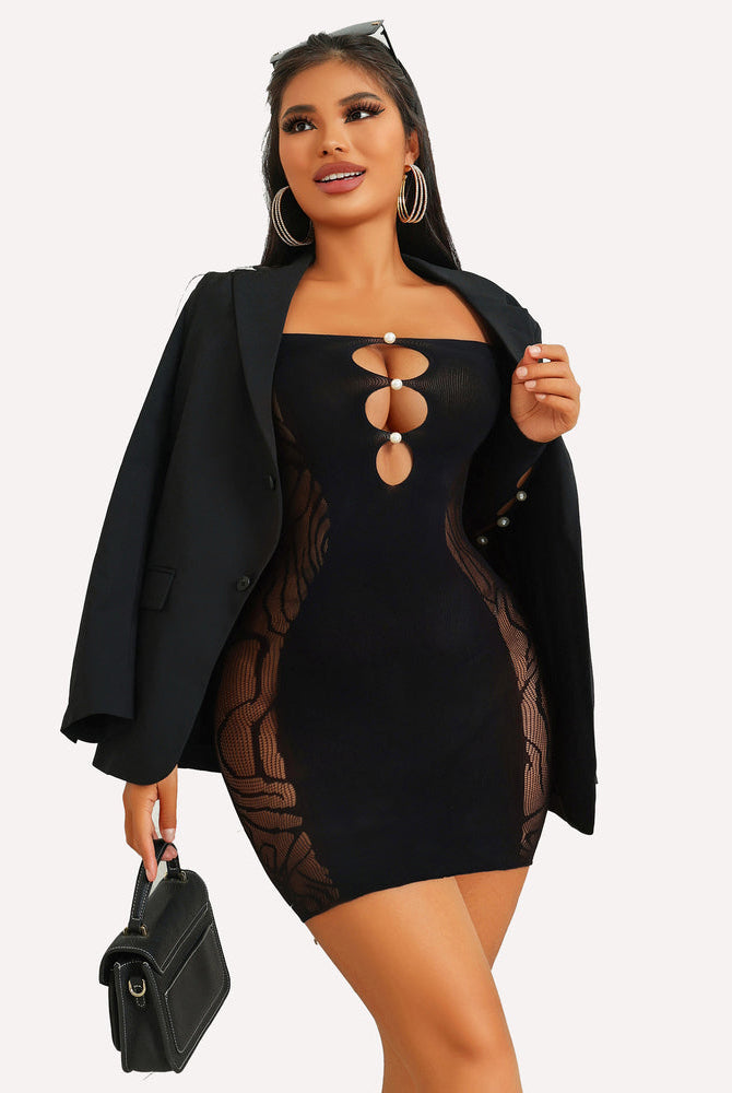 Black fishnet mini dress with pearl details and off-shoulder design, perfect for a sensual look