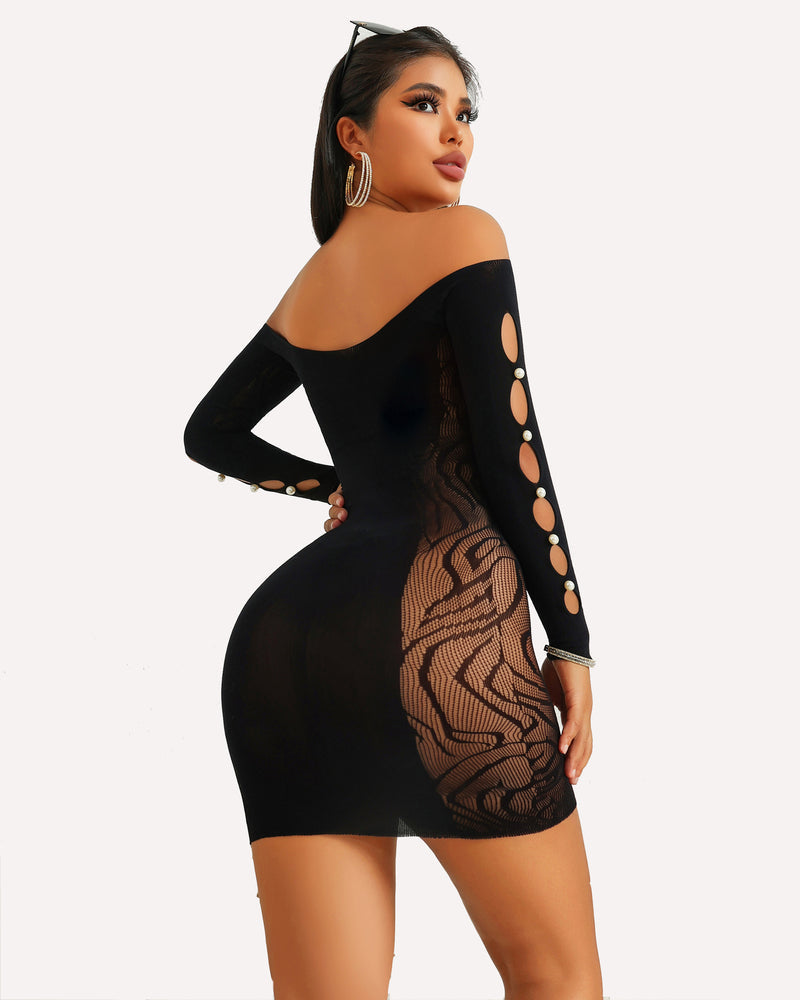 Black fishnet bodycon mini dress with pearl accents, off-shoulder, showing a confident look.