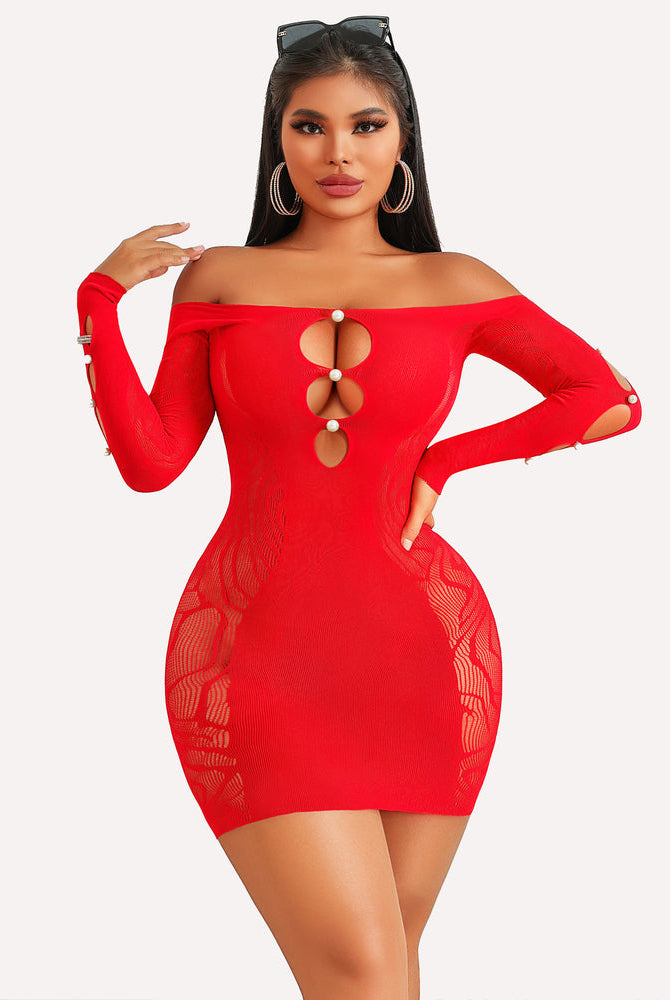Red fishnet mini dress with pearl accents, off-shoulder design, sensual bodycon look