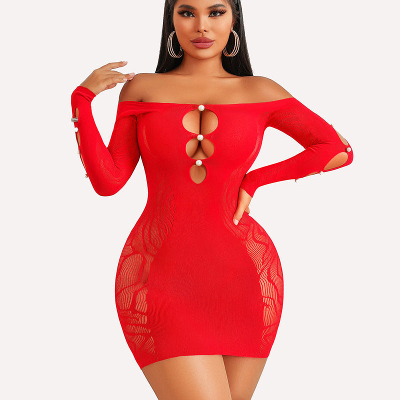 Red fishnet mini dress with pearl accents, off-shoulder design, sensual bodycon look