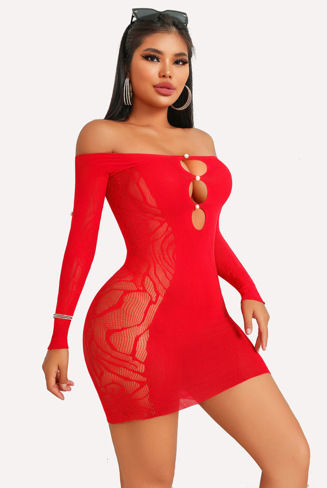 Red fishnet mini dress with off-shoulder design, pearl accents, and bodycon fit.