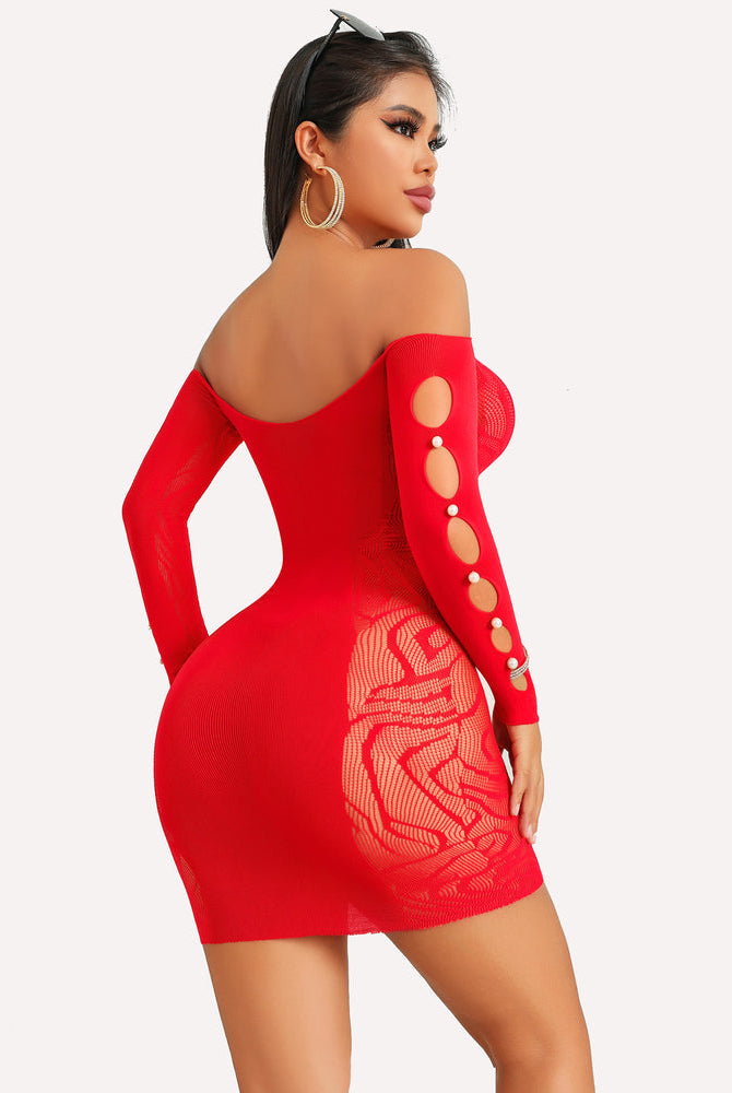 Red fishnet bodycon mini dress with off-shoulder design, pearl details, and floral pattern accents.