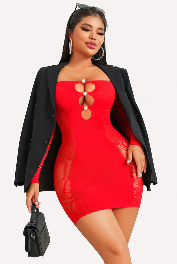 Red fishnet mini dress with pearl accents, off-shoulder, confident style, and mesh waistline