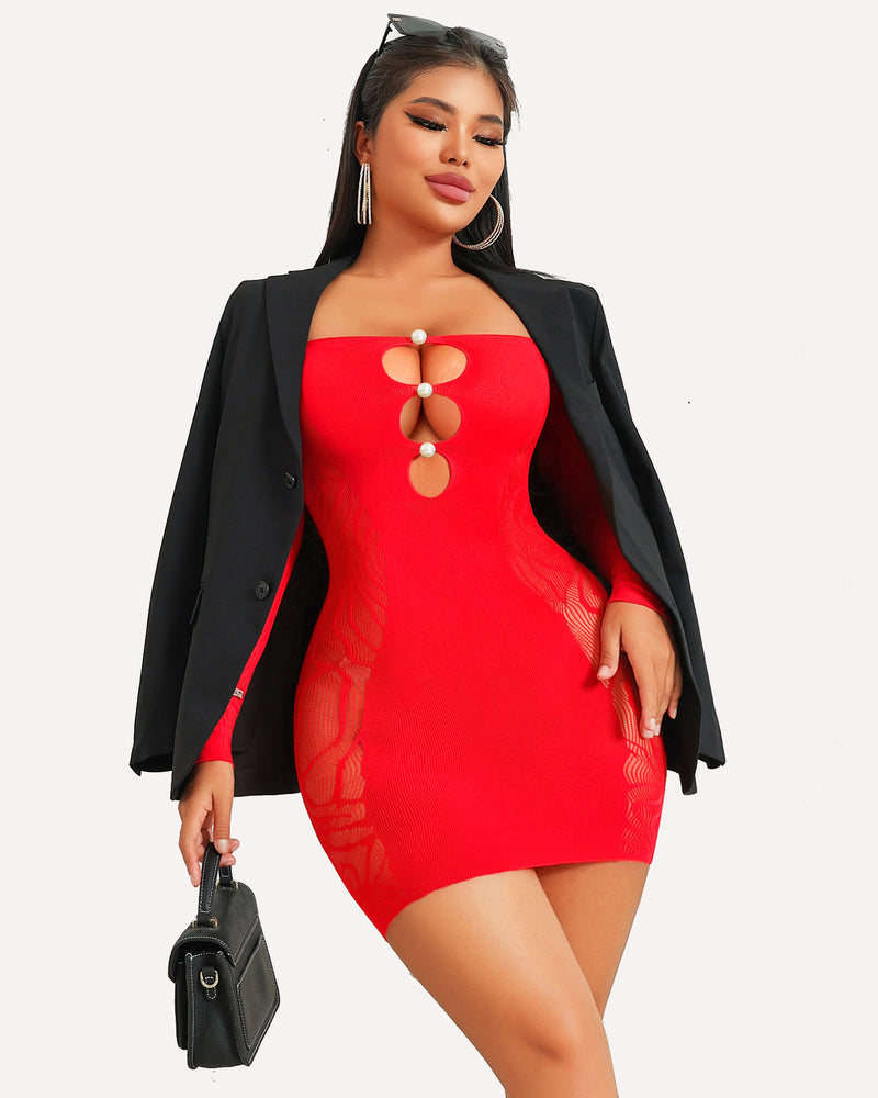 Red fishnet mini dress with pearl accents, off-shoulder, confident style, and mesh waistline