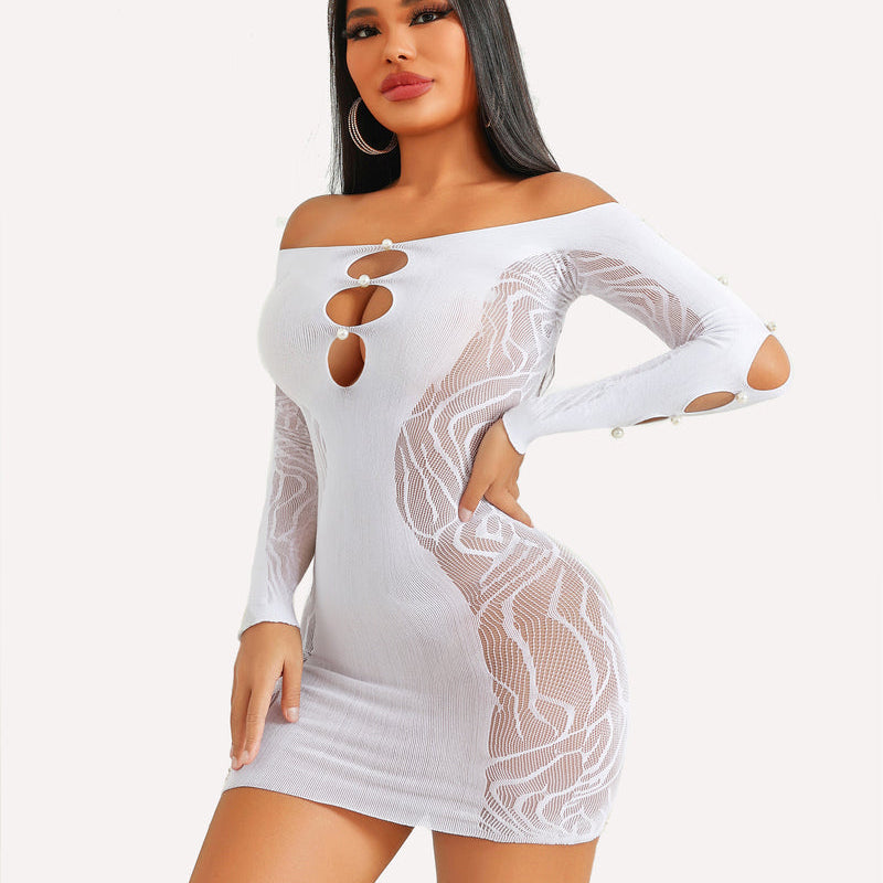 White fishnet mini dress with pearl details, off-shoulder design, mesh waistline, bodycon fit