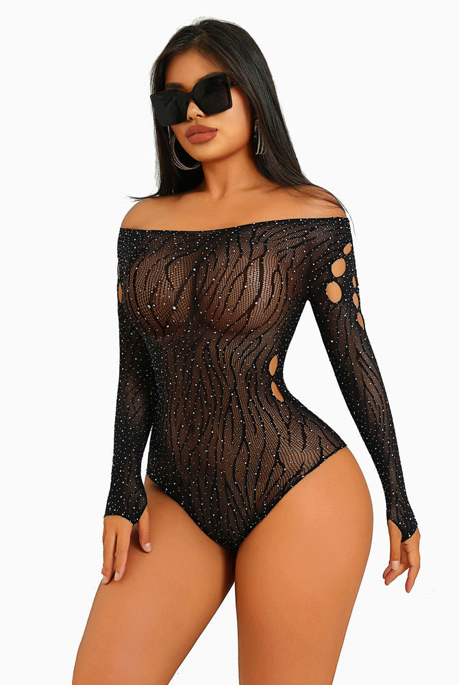Black rhinestone fishnet bodysuit, off-shoulder cut-out, long sleeves, rhinestone details