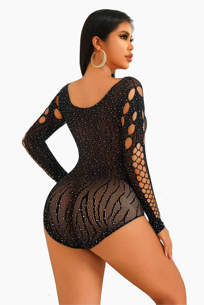Black rhinestone fishnet bodysuit, cut-out design, sexy lingerie, long sleeves