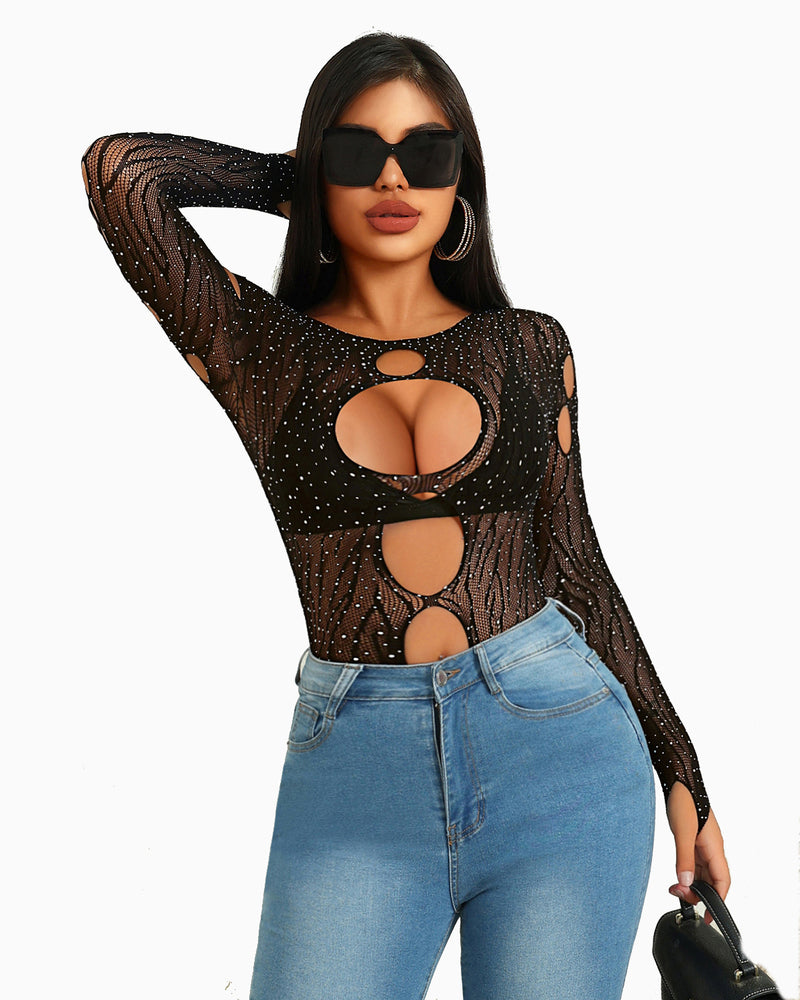 Black rhinestone fishnet bodysuit with cut-out design, long sleeves, sexy lingerie