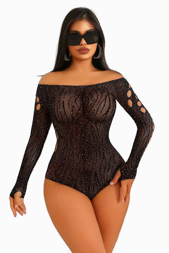 Rhinestone fishnet bodysuit, black lingerie, off-shoulder, cut-out design, long sleeves, sexy