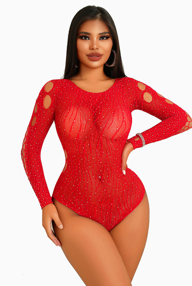 Red rhinestone fishnet bodysuit with cut-out design, long sleeves; sexy lingerie for women