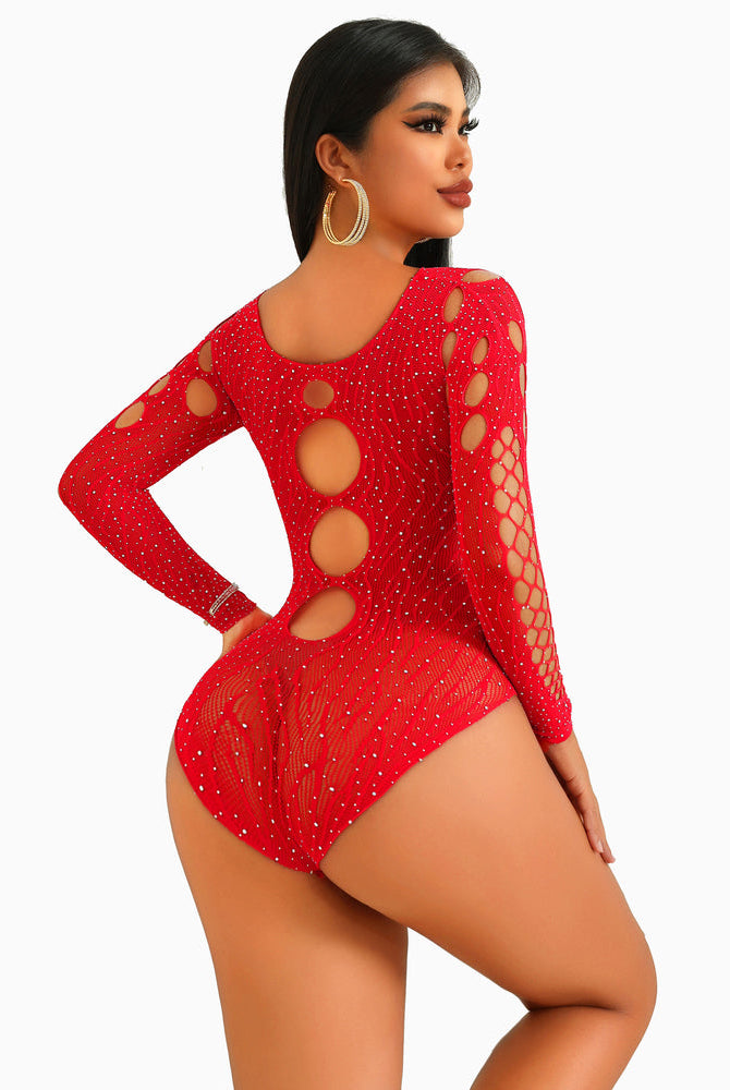 Sexy red rhinestone fishnet bodysuit with cut-out design and long sleeves for women.
