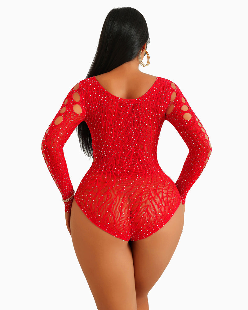 Red rhinestone fishnet bodysuit with cut-out sleeves, a sexy lingerie option.