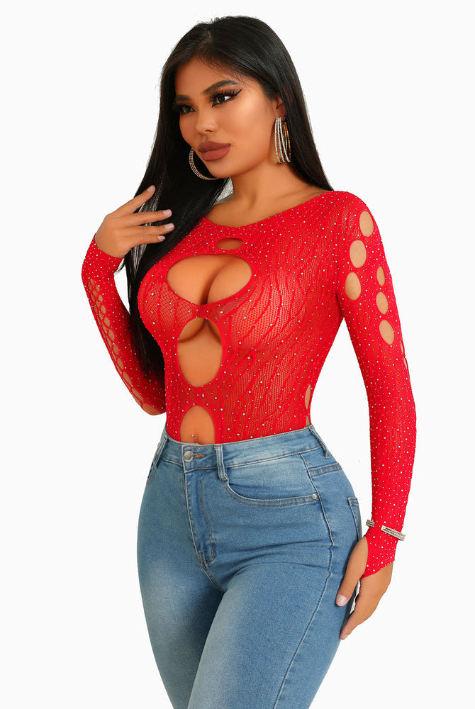 Red rhinestone fishnet bodysuit with cut-out design, a sexy lingerie option.