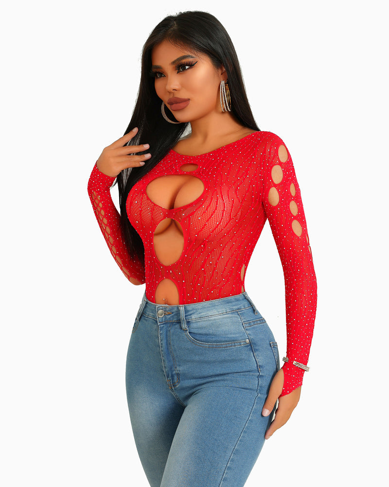 Red rhinestone fishnet bodysuit with cut-out design, a sexy lingerie option.