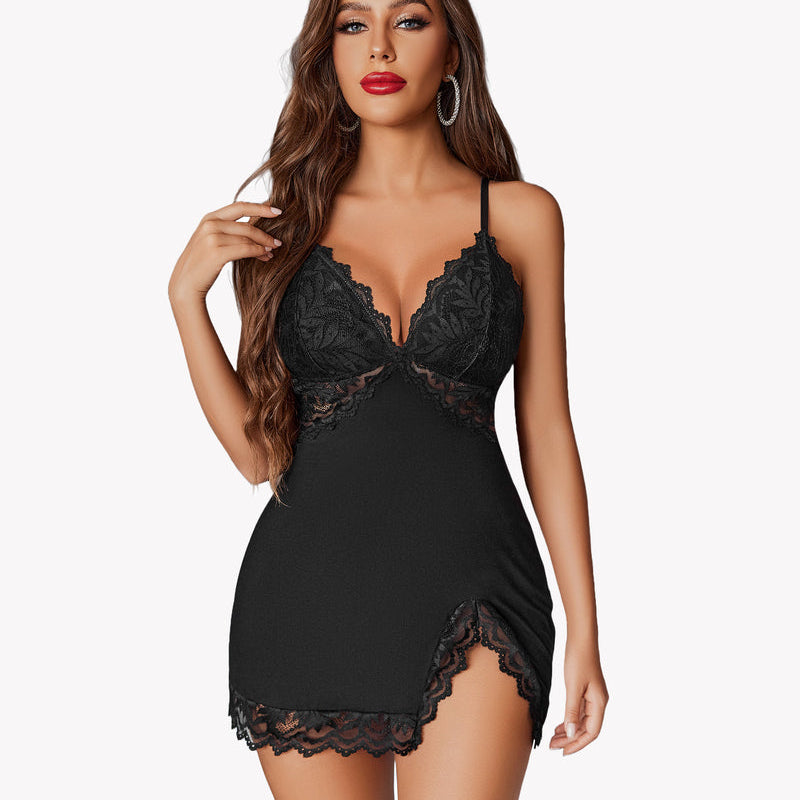Black modal V-neck full slip chemise with lace detail, side slit, and adjustable spaghetti straps