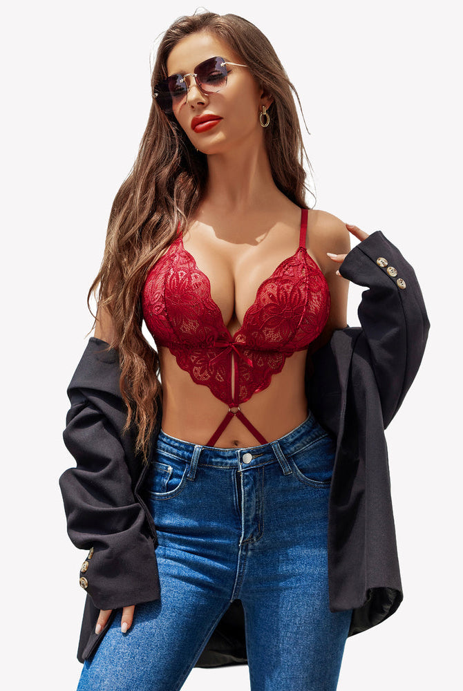 Red lace deep V teddy cut-out one piece lingerie, criss-cross waist design, Avidlove