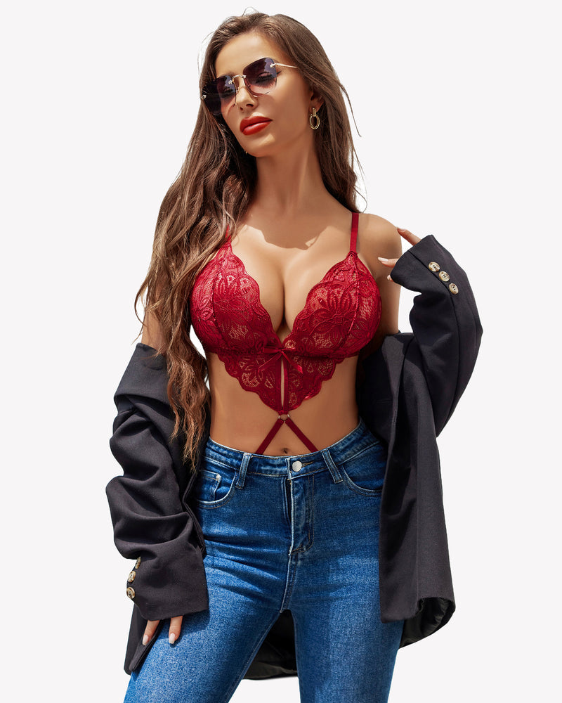 Red lace deep V teddy cut-out one piece lingerie, criss-cross waist design, Avidlove