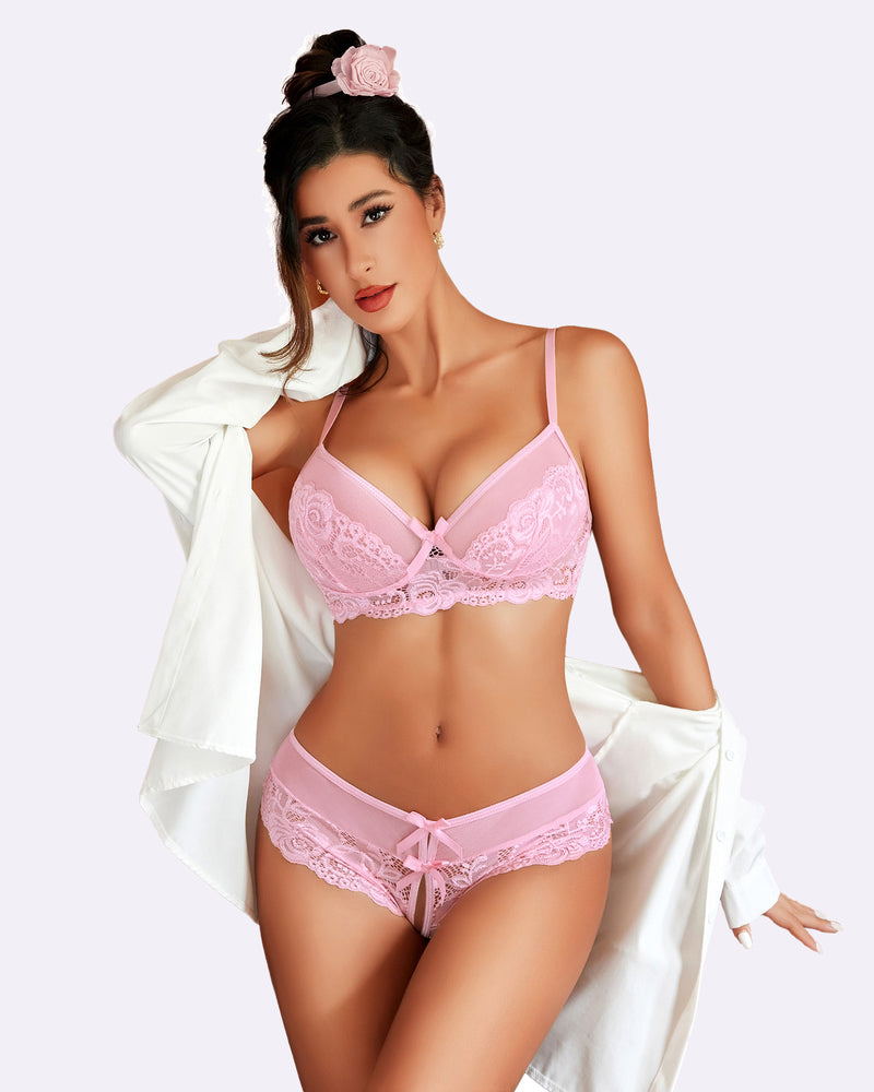 Pink floral lace lingerie set with mesh and bow details, enhancing confidence and inner beauty