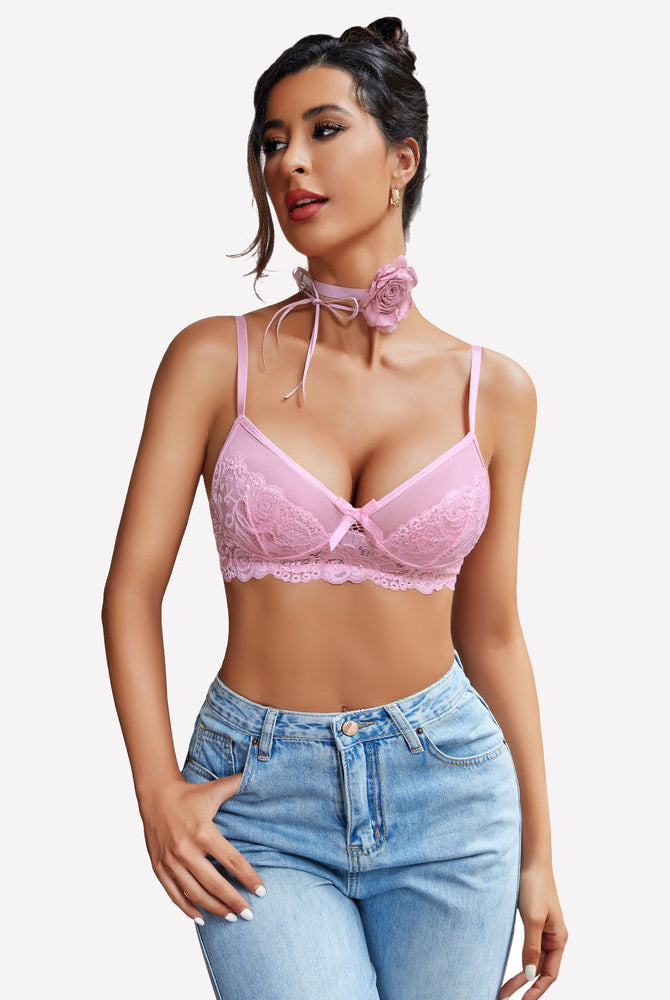 Pink lace bra and panty set with mesh details and bow accents, enhancing confidence and inner beauty