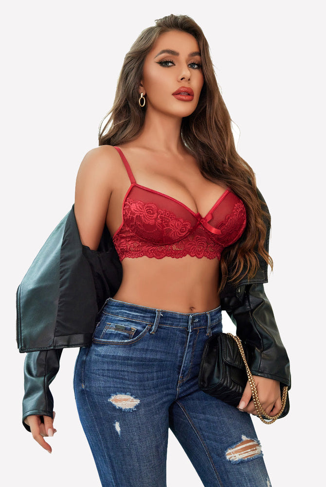 Burgundy floral lace bra set, mesh, bow, model in denim jacket, enhancing confidence.