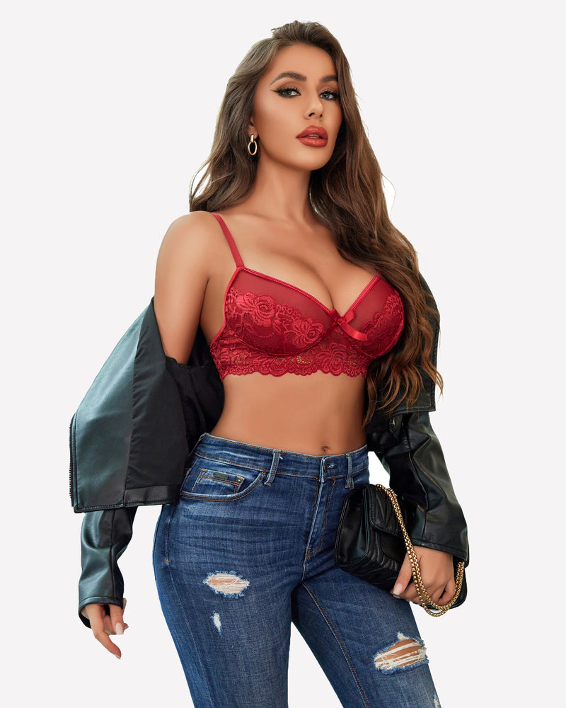 Burgundy floral lace bra set, mesh, bow, model in denim jacket, enhancing confidence.
