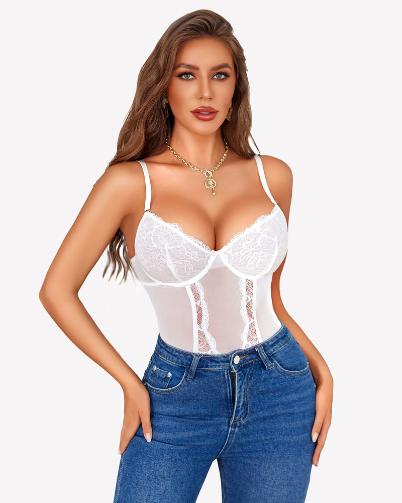 White lace lingerie bodysuit with adjustable straps and floral lace details, paired with blue jeans.