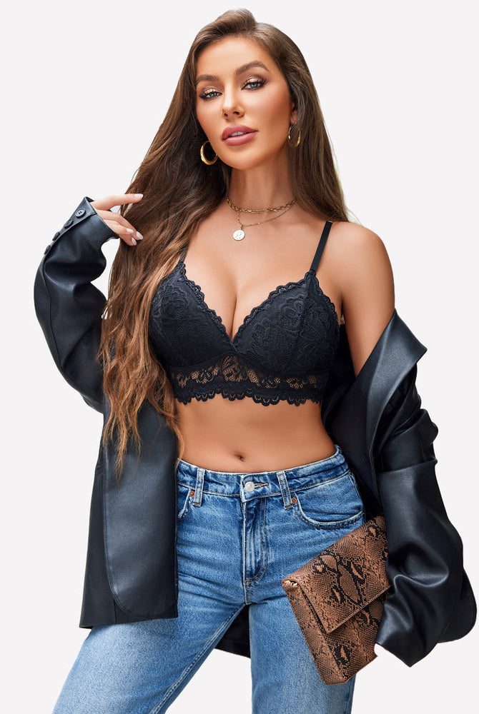 Black lace bralette and lace panty set with lace-trim band at waist