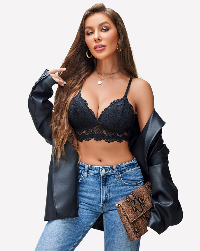 Black lace bralette, floral design, model in jeans and jacket, lingerie for confidence.
