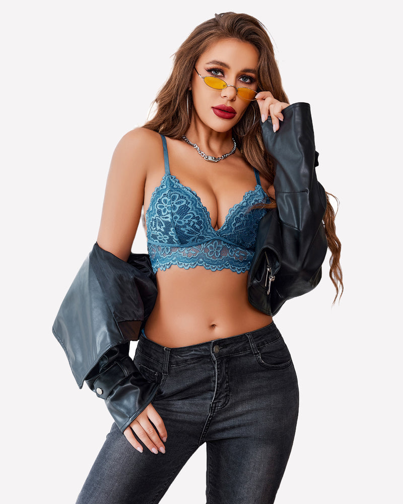 Teal lace bralette set, model in jeans and jacket. Sexy floral lingerie for women.