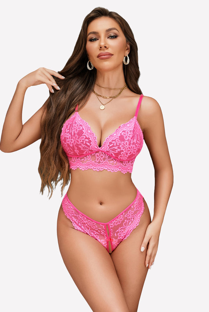 Pink lace bralette and panty set with scalloped trim and V-neck lace cups