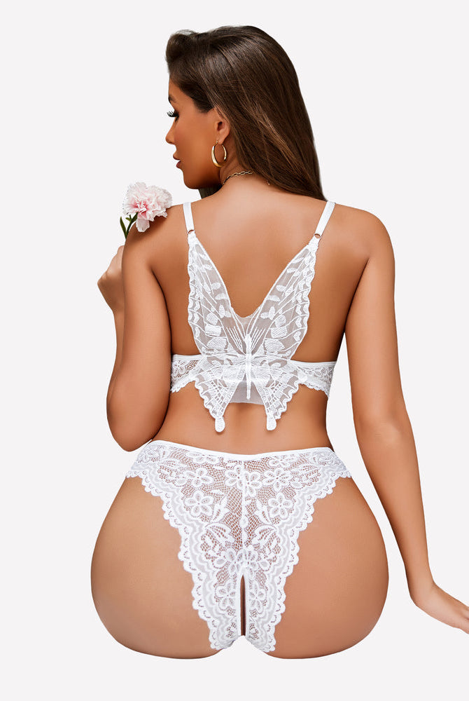 White lace bralette and panty set with open-back bow detail and cheeky panty