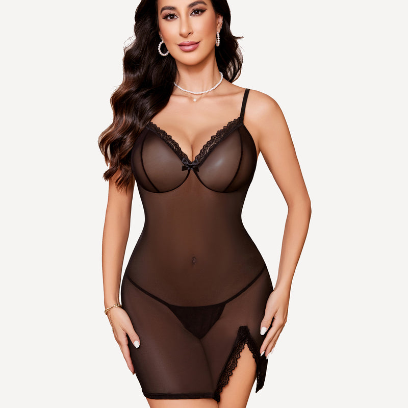 Avidlove black sheer nightgown with side slit, lace trim, and bow detail. Sexy lingerie for women