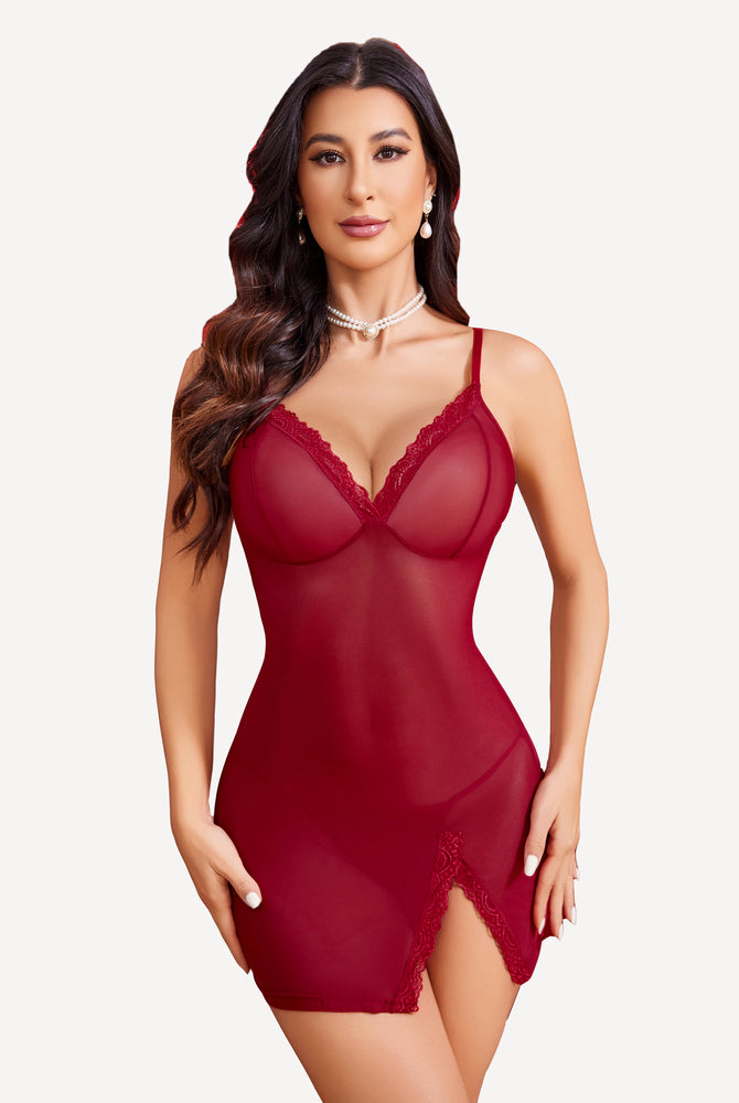 Burgundy Avidlove sheer mesh nightgown with lace trim and side slit. Sexy lingerie for women.