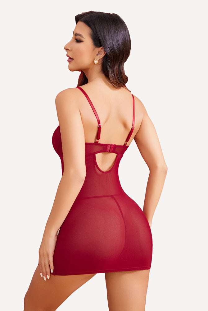 Burgundy mesh Avidlove nightgown with side slit and keyhole back. Sexy lingerie for women.