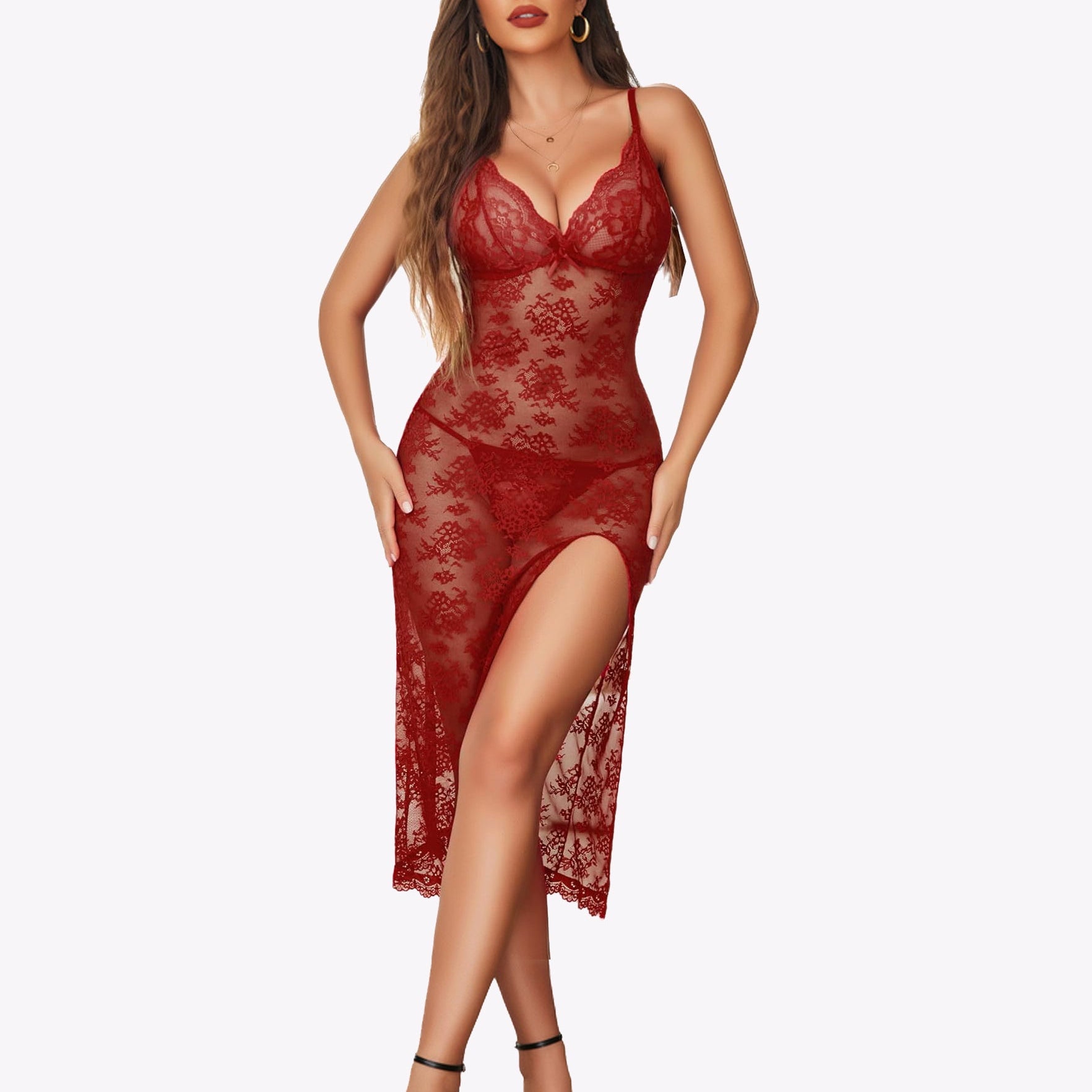 Red lace nightdress with high side slit, sheer lingerie, perfect for romantic night