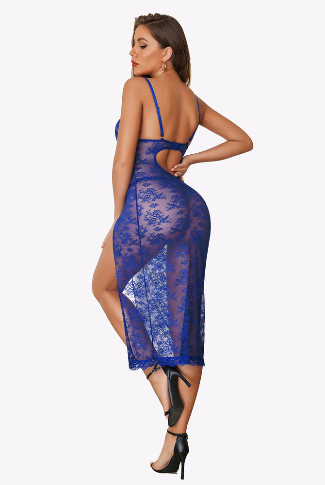 Blue lace nightdress with high side split. Floral, sheer lingerie for a romantic night.