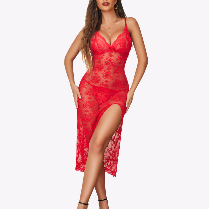 Red floral lace nightdress with high side split and g-string, romantic lingerie