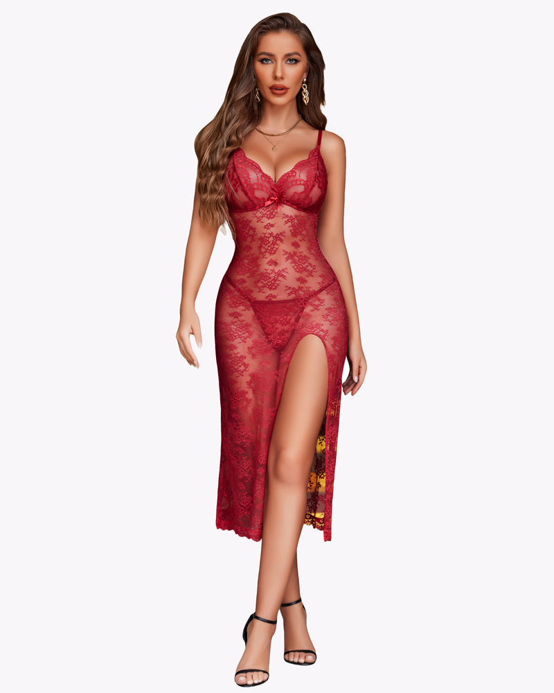 Red lace nightdress with high side split, sheer floral lingerie and g-string. Romantic nightwear.