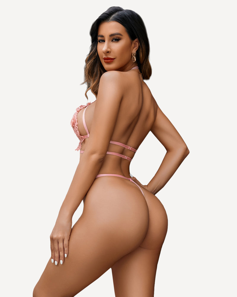 Pink floral lingerie set with halter bra and thong, romantic design for special occasions.