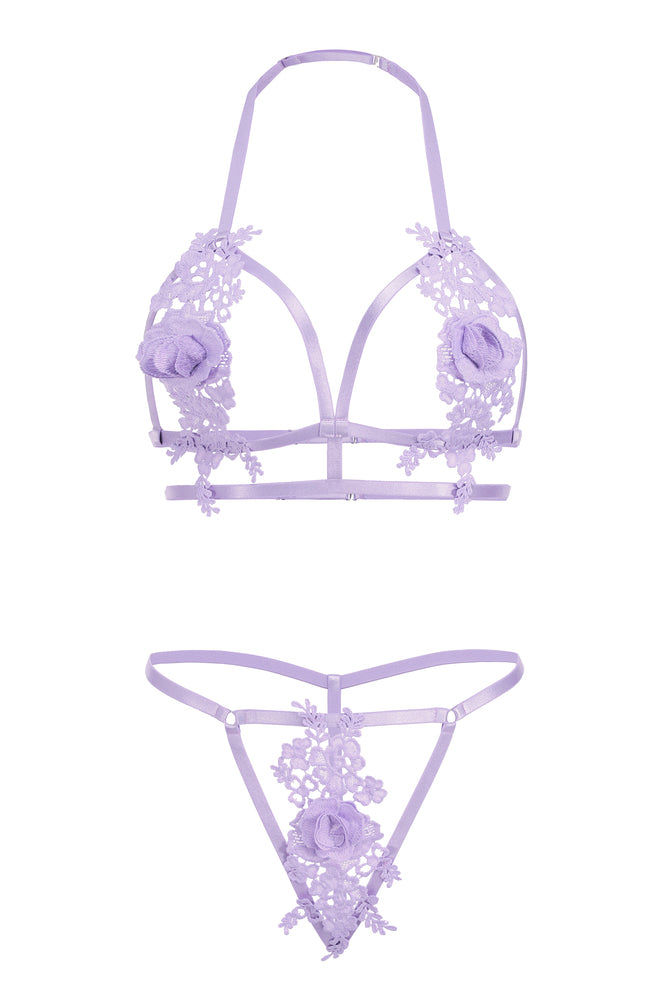 Lavender floral applique lingerie set, halter neck bra and cut-out thong. Valentine's Day lingerie.