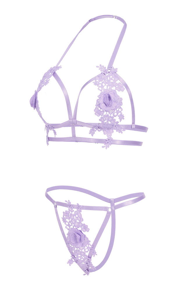 Lavender floral applique halter bra and cut-out thong lingerie set. Valentine's Day. Sexy lingerie.