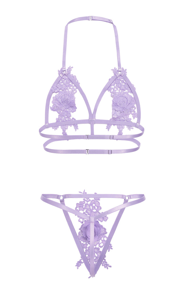Lavender floral applique lingerie set, cut-out halter bra and thong. Valentine's Day lingerie