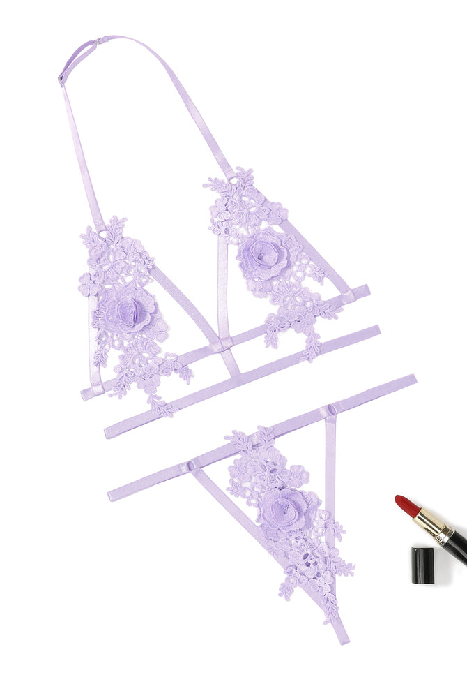 Lavender floral applique halter lingerie set, cut-out design. Valentine's Day lingerie.