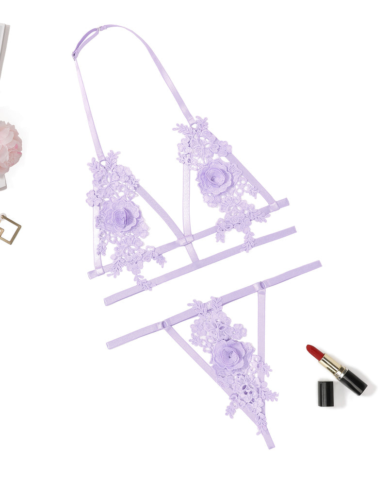 Lavender floral applique halter lingerie set, cut-out design. Valentine's Day lingerie.