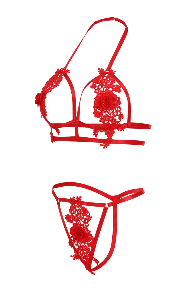 Red floral halter lingerie set, cut-out design. Valentine's Day lingerie, sexy and fashionable.