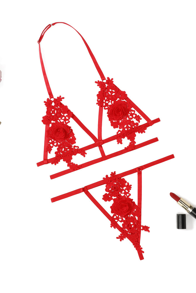 Red floral applique halter lingerie set with cut-out design. Valentine's Day lingerie.