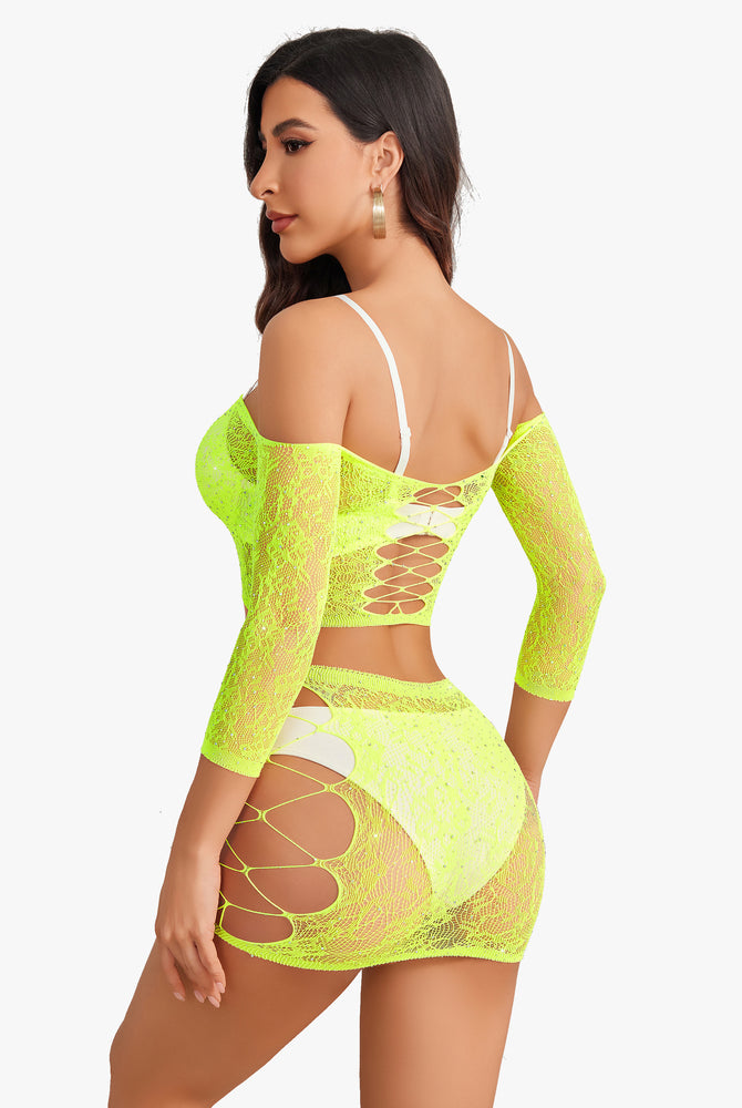 Neon yellow fishnet lingerie set with criss-cross design, mesh top and skirt, sexy outfit