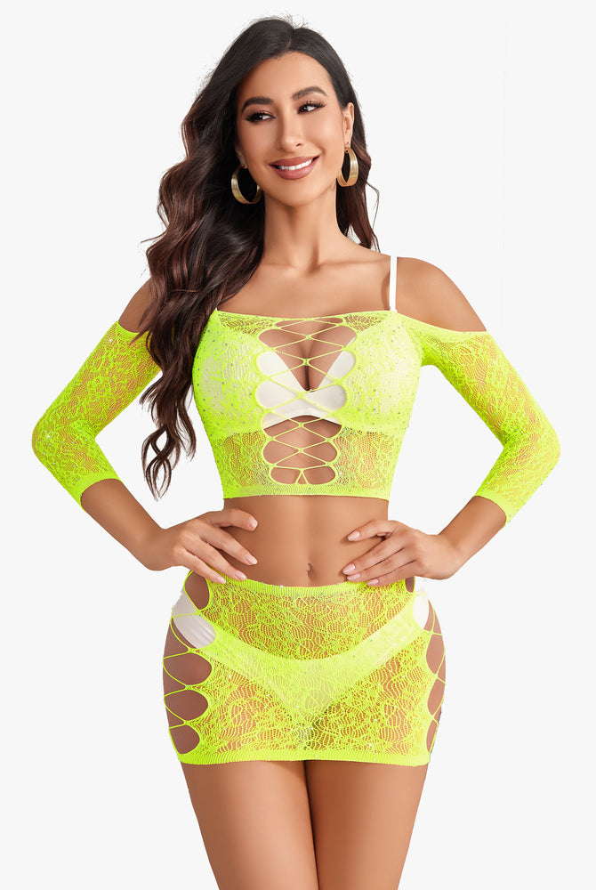 Neon yellow fishnet lingerie set, mesh top and skirt, sexy outfit, Avidlove