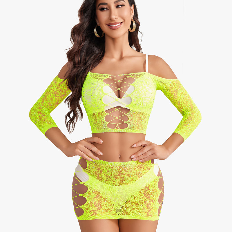 Neon yellow fishnet lingerie set, mesh top and skirt, sexy outfit, Avidlove